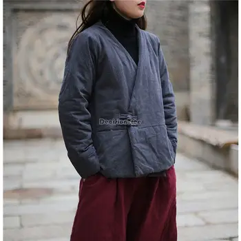 2023 jeseni in pozimi novo debelo ploščo sponke kitajski slog zen čaj suknjič posnetek bombaž-oblazinjeni suknjič kratke ohlapne plašč ženske s930