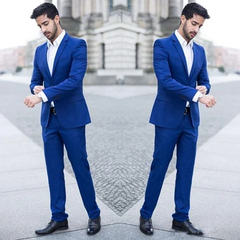 2Piece Moške Obleke za Poročne Obleke Royal Blue Man Podjetja Jakna Suh Ženina Jopičem Plašč, Hlače Slim Fit Terno Masculino Costum