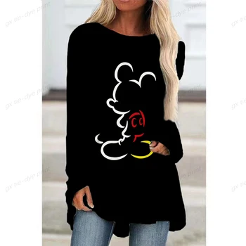 Disney Minnie Mickey vzorec Svoboden Ženske T-Majica, Dolg Rokav risanka tiskanje O-Vratu Jeseni, Pozimi Top Majica Za Ženske Y2K