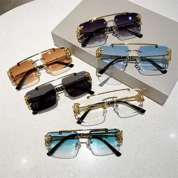 Kovinski Rimless Vintage sončna Očala Dvojno Most UV400 Cheetah Dekor sončna Očala Gradient Očal za Ženske & Moški