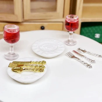 Miniaturni Lutka Hiša Mini Keramični Torto Plošča Set DIY Nož, Vilice, Žlica Model Microscene Fotografija Rekviziti Okraski