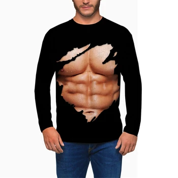 Mišična Moški 3D Tiskanih Dolg Rokav T Shirt Priložnostne O Vratu Vrhovi Tees Kul Smešno Mišične T Srajce Hombre Ropa Poceni Kakovosti Oblačila