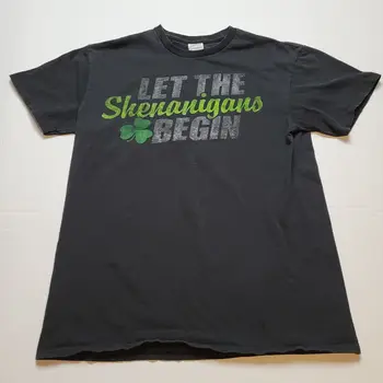 Naj Shenanigans Begin T-Shirt Mens M Črna Lucky Clover E35