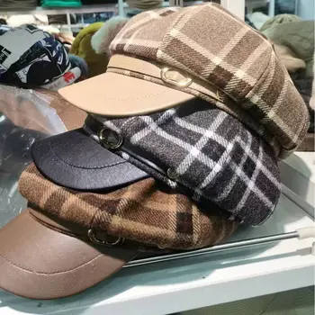 Novo udobno kariran mozaik usnje octagon klobuk jeseni in pozimi retro moda obraz small cap Britanski veter newsboy klobuk