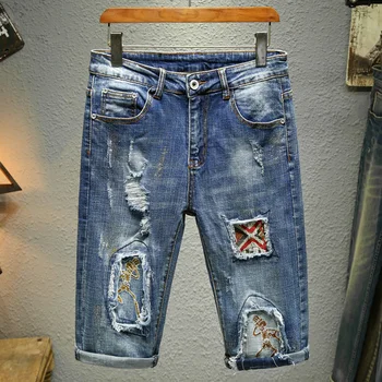 Poletje Novo Traper Hlače za Moške Osebno Ulica Retro Modi Stiski Plošče Stretch Ravno Kratke Jeans