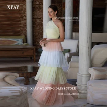 XPAY Edinstven Design arabske Ženske, Mešane Barve Til Večerne Obleke Eno Ramo Stopenjski Krilo Dolgo Pron Halje, Formalno Stranko Obleko
